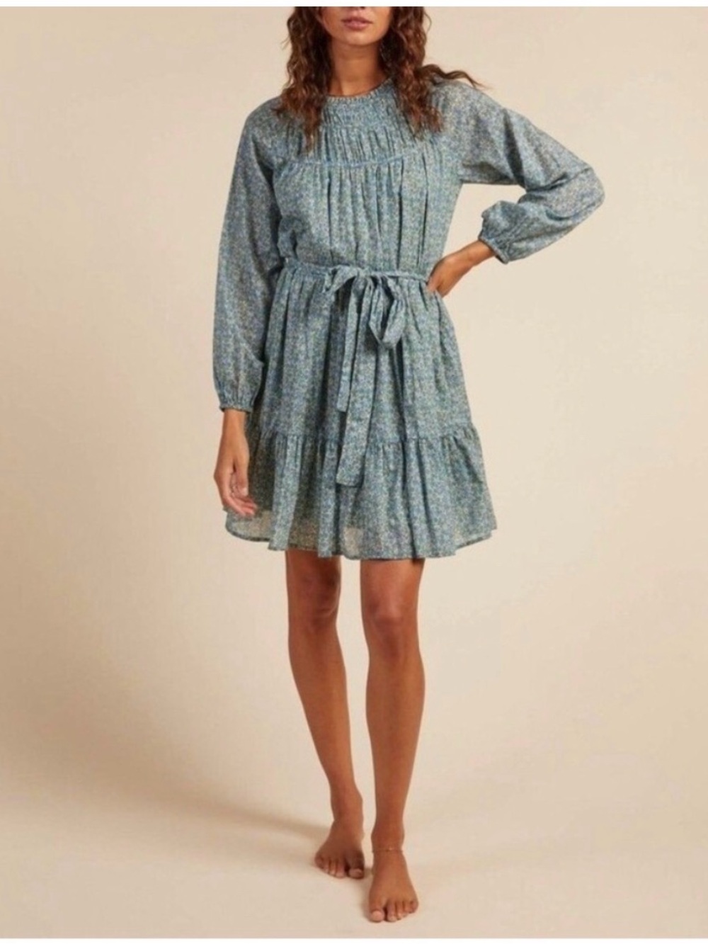 Trovata Birds of Paradis Long Sleeve vintage blue floral print mini dress size M